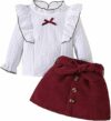 LUVCES Abbigliamento Bambina Vestito Set Manica Lunga Volant Top + Bottoni Papillon Minigonne 2 Pezzi Ragazze di Vestiti Outfit – B0D9VWBS9N