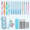 Set di 6 Penne Cancellabili per Scuola Elementare, 4 Evidenziatori, 4 Portamine, 1 Astuccio, Regalo per Bambina, Blu – B0FDKHTCCN