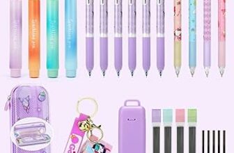 Set di 6 Penne Cancellabili per Scuola Elementare, 4 Evidenziatori, 4 Portamine, 1 Astuccio, Regalo per Bambina, Viola – B0FDKLJWS6