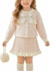 DivingBirds Abiti da bambina a maniche lunghe lavorato a maglia con fiocco e gonna a quadri con volant, set da 2 pezzi per bambini autunno inverno vestito casual per ragazza 12 mesi -6 anni – B0FZB6M9R6