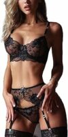 NewBull Set di lingerie sexy da donna con reggiseno mutandine e giarrettiere 3 pezzi biancheria intima reggiseno cerchi e perizoma audace ricamato rosa floreale trasparente reggicalze con 4 spalline – B0D5D62F86
