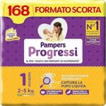 Pampers Progressi Newborn, Taglia 1 (2-5 kg), Formato Scorta, Indicatore di Bagnato, Protezione Pelli Delicate Prima Infanzia, Linguette Rinforzate, Anti-Fuoriuscite, 168 Pannolini Neonato – B01LXREYOY