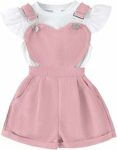 JENJON Abbigliamento Estivo per Bambina Set Top a Coste a Maniche Corte con Volant + Regolabile Salopette Corta con Stampa Floreale/a Cuori e Tasca Vestiti Set – B0GQGZLQWH