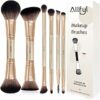Set 6 Pennelli Doppi Trucco Professionali, Champagne, Pennello Fondotinta incluso, Pennelli Make Up per Viso Contour Occhi Labbra, Confezione Regalo da Viaggio per Donne – B0GMH9THCF
