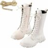 Yekdmxop Stivali Bambina Bianchi, Stivali Invernali Alti al Polpaccio per Bambini e Ragazze Stivaletti Equitazione con Zip Laterali Antiscivolo Imbottiti Comodi Bambine Retro Stivaletti Neve Bambino Autunno – B0GK23JLVL