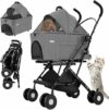 BAKAJI Passeggino per Animali Domestici 2 in 1 Carico Massimo 40kg Pieghevole e Salvaspazio, Capsula Rimovibile, Carrozzina per Cani e Gatti con Trasportino Removibile e Cestello Portaoggetti (Grigio) – B0FHWJ6QGB