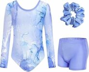 JiAmy Body da ginnastica per ragazze, con incrocio sulla schiena, a maniche lunghe, scintillante, con pantaloncini, per danza e balletto, per 3-12 anni – B0DXKM6791