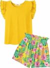 Arshiner Set di Abbigliamento per Ragazze T-shirt Estiva Pantaloncini Completo Bambini Cotone Maniche Volant Set di Abbigliamento per il Tempo Libero Moda Due Pezzi Ragazze con Tasca 6-14 Anni – B0GT48KXML