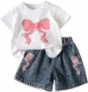 eqenkely Vestiti Bambina Outfit Set T-Shirt da Manica Corta + Pantaloni di Jeans Corta 2 Pezzi Abbigliamento Estivo per Bambine – B0GT1T4MH3