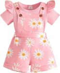 2 PCS Abbigliamento Estivo per Bambina Set Top Maniche Corte con Volant + Regolabile Salopette Pantaloncini con Stampa Floreale Vestiti Set – B0GX784BJS