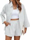 Completo Donna 2 Pezzi Camicia a Maniche Lunghe in Puro Colore con Pantaloncini Elegante Casual Estivo da Spiaggia Lavoro Vacanza – B0GK8RR9XQ
