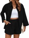 Completo Donna 2 Pezzi Camicia a Maniche Lunghe in Puro Colore con Pantaloncini Elegante Casual Estivo da Spiaggia Lavoro Vacanza – B0GK8VR9HJ