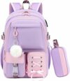 Set Zaino Scuola Elementare Bambina con Astuccio, Viola-Rosa | 2 Pezzi Zaini Zainetto Ragazza per Bambinas 7-16 anni, Ergonomico Cartella Scuola per Scuola Primaria e Media – B0GTZ3D133