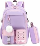 Set Zaino Scuola Elementare Bambina con Astuccio, Viola-Rosa | 2 Pezzi Zaini Zainetto Ragazza per Bambinas 7-16 anni, Ergonomico Cartella Scuola per Scuola Primaria e Media – B0GTZ3D133