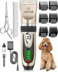 oneisall: tosatrice silenziosa per cani, 2000 mAh, 4 ore di autonomia, per cani e gatti dal pelo folto, tosatrice per cani, tosatrice per animali domestici, rasoio per cani a pelo lungo (oro) – B083QHKD16