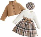 Abbigliamento Bambina Vestiti Set Elegante Abito a Quadri Cardigan e Basco – B0H837FG6K