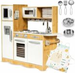 Mamabrum Cucina Giocattolo per Bambini in Legno con Luci LED – Cucina Educativa con Forno, Microonde e Accessori – Set da Gioco con Piano Cottura, Frigorifero e Utensili – 93x30x82cm – Naturale – B08NZ36R2S