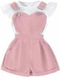 JENJON Abbigliamento Estivo per Bambina Set Top a Coste a Maniche Corte con Volant + Regolabile Salopette Corta con Stampa Floreale/a Cuori e Tasca Vestiti Set – B0GQGTHJQD