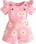 2 PCS Abbigliamento Estivo per Bambina Set Top Maniche Corte con Volant + Regolabile Salopette Pantaloncini con Stampa Floreale Vestiti Set – B0GX784BJS