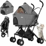 BAKAJI Passeggino per Animali Domestici 2 in 1 Carico Massimo 40kg Pieghevole e Salvaspazio, Capsula Rimovibile, Carrozzina per Cani e Gatti con Trasportino Removibile e Cestello Portaoggetti (Grigio) – B0FHWJ6QGB