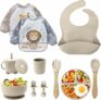 Set Pappa Svezzamento, Set di 12 Piatti per Bambini,Ventosa Ciotola e Cucchiaino per Neonati, Bavaglino in Silicone, Set di Posate per Bambini per Lo Svezzamento e L’Alimentazione – B0CQBXD8BP