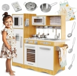 Mamabrum Cucina Giocattolo per Bambini in Legno con Luci LED – Cucina Educativa con Forno, Microonde e Accessori – Set da Gioco con Piano Cottura, Frigorifero e Utensili – 93x30x82cm – Naturale – B08NZ36R2S