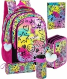 Clondo School Pack 5 pezzi – Zaino Scuola Ergonomico, Astuccio 3 Scomparti 45 pezzi, Borraccia Termica, Diario Scuola, Tombolino – Regalo Bambina per Scuola Elementare (Shiny Mood) – B0H6KMXP1L